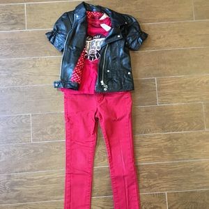 Girls Guess faux leather jacket, red jeans, shirt sleeve T-shirt- 3 piece outfit